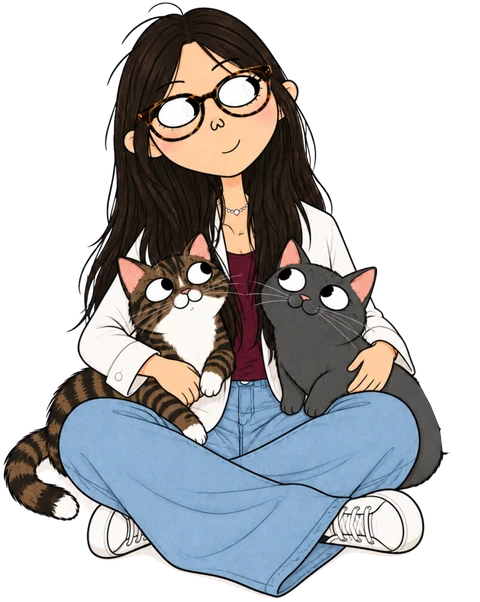 Ilustração da Thais sentada com seus dois gatos
