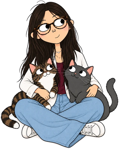 Ilustração da Thais sentada com dois gatos no colo