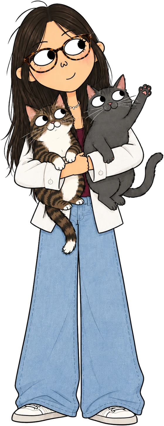 Ilustração da Thais segurando dois gatos no colo
